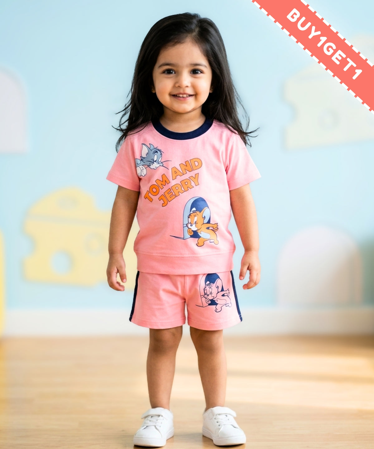 Tom and Jerry Half Sleeves T-Shirt & Half Pant Set | Pink