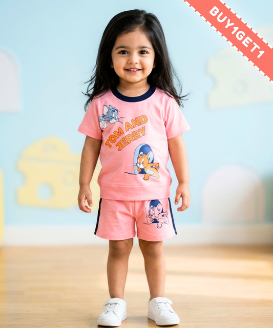 Tom and Jerry Half Sleeves T-Shirt & Half Pant Set | Pink