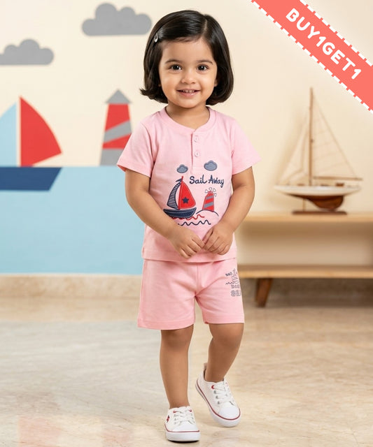 Sail Away Half Sleeves T-Shirt & Half Pant Set | Pink