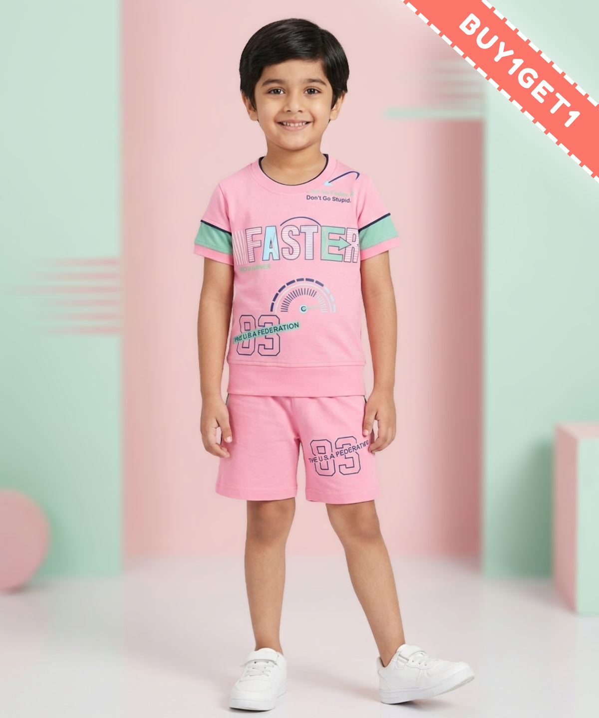 Faster Half Sleeves T-Shirt & Shorts Set | Pink