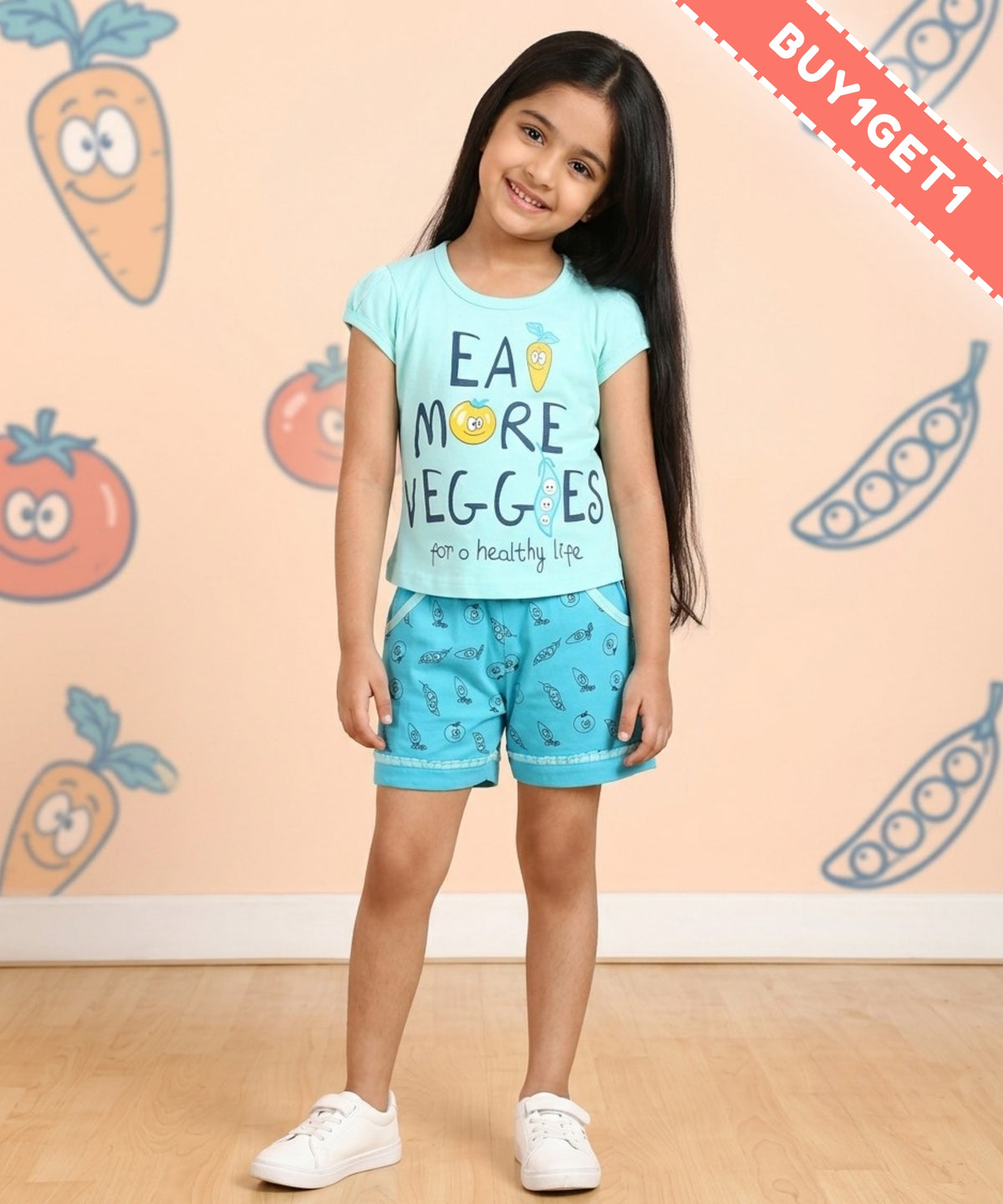 Eat More Veggies Short Sleeves Top & Hot Pant Set | Blue