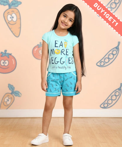 Eat More Veggies Short Sleeves Top & Hot Pant Set | Blue