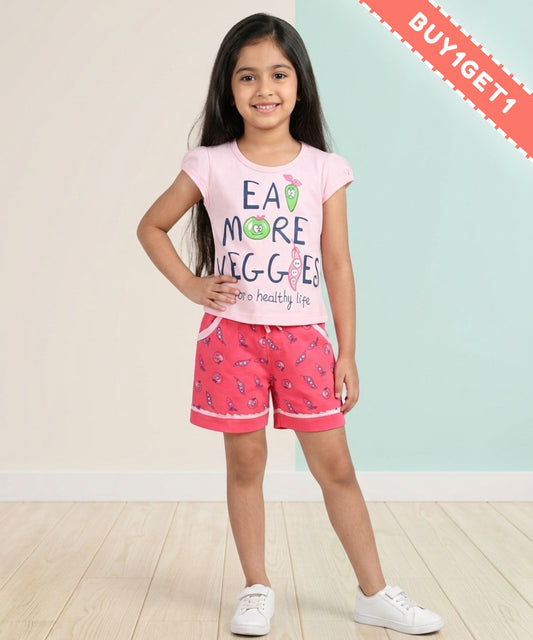 Eat More Veggies Short Sleeves Top & Hot Pant Set | Pink