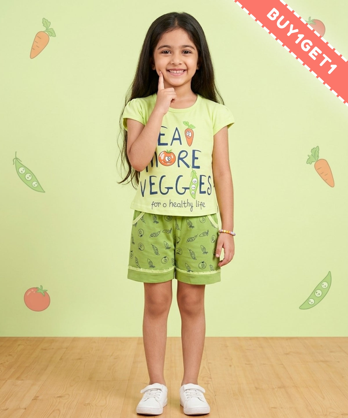 Eat More Veggies Short Sleeves Top & Hot Pant Set | Green