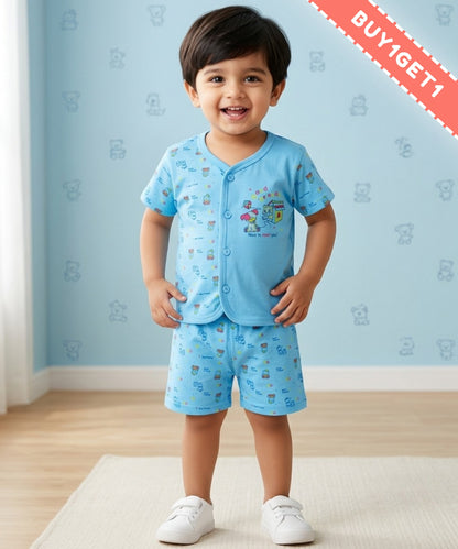 Friends Half Sleeves Front Open T-Shirt & Half Pant Set | Blue