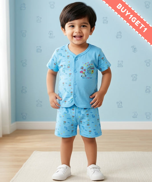 Friends Half Sleeves Front Open T-Shirt & Half Pant Set | Blue