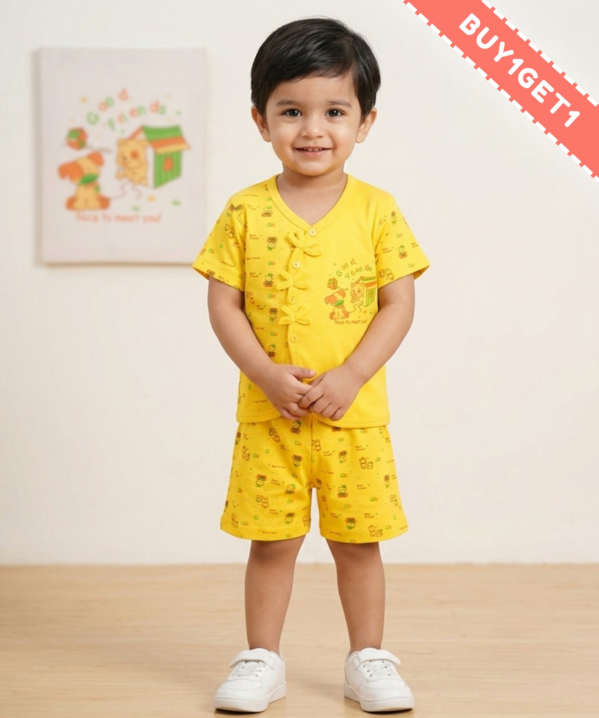 Friends Half Sleeves Front Open T-Shirt & Half Pant Set | Yellow