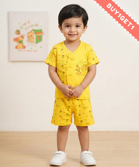 Friends Half Sleeves Front Open T-Shirt & Half Pant Set | Yellow