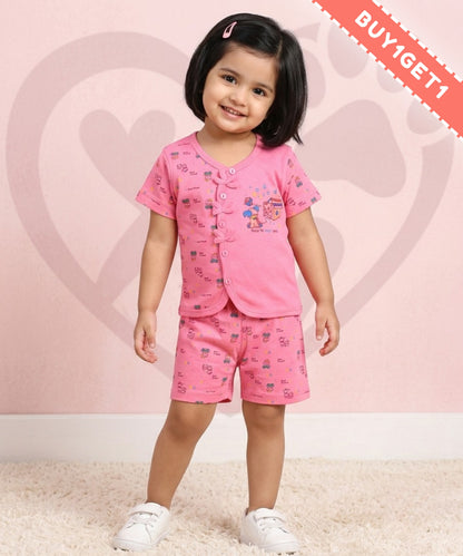 Friends Half Sleeves Front Open T-Shirt & Half Pant Set | Pink