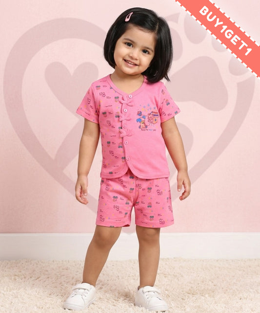 Friends Half Sleeves Front Open T-Shirt & Half Pant Set | Pink