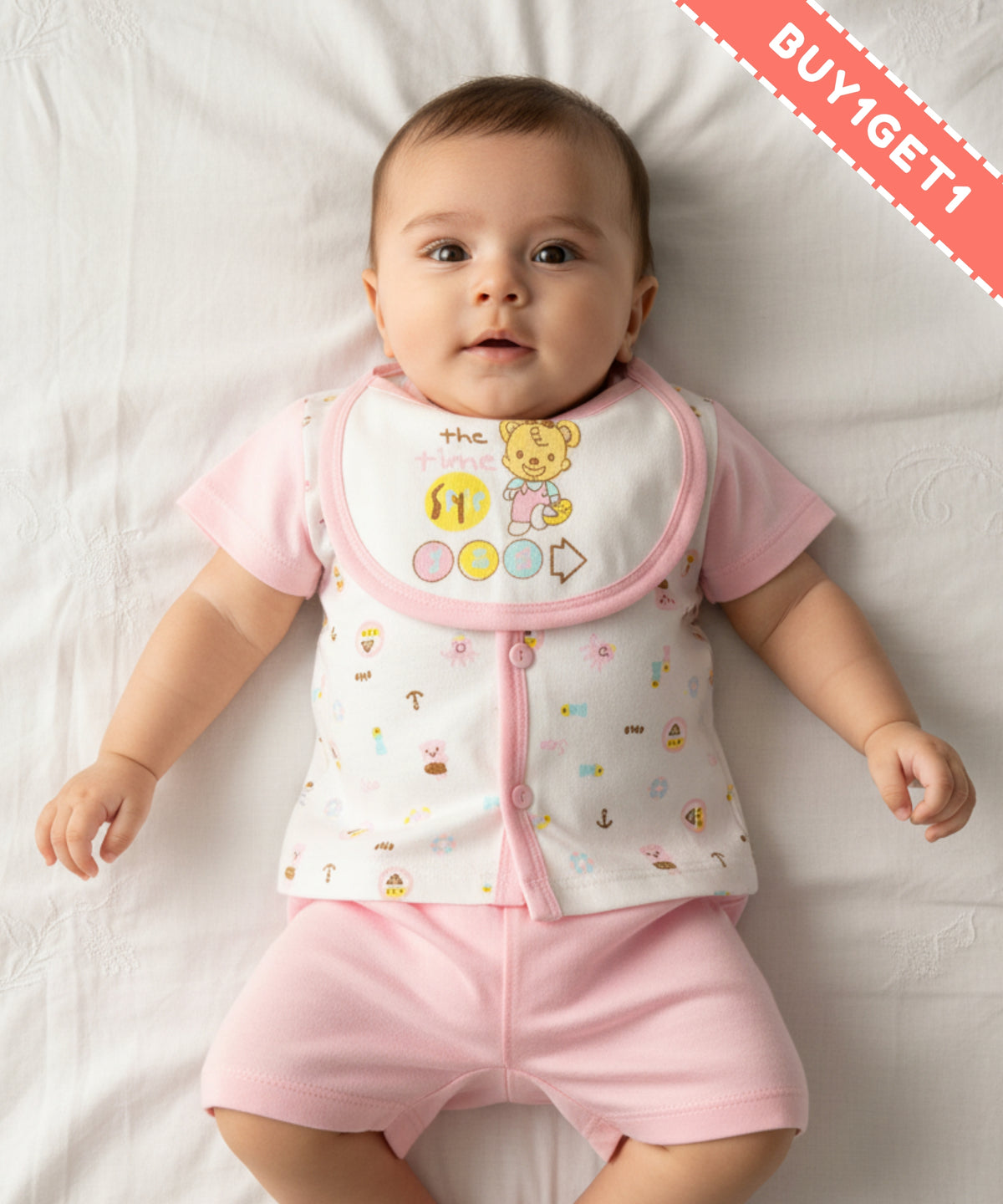 Sea Ship Half Sleeves Front Open T-Shirt & Half Pant Set with Bib | Pink