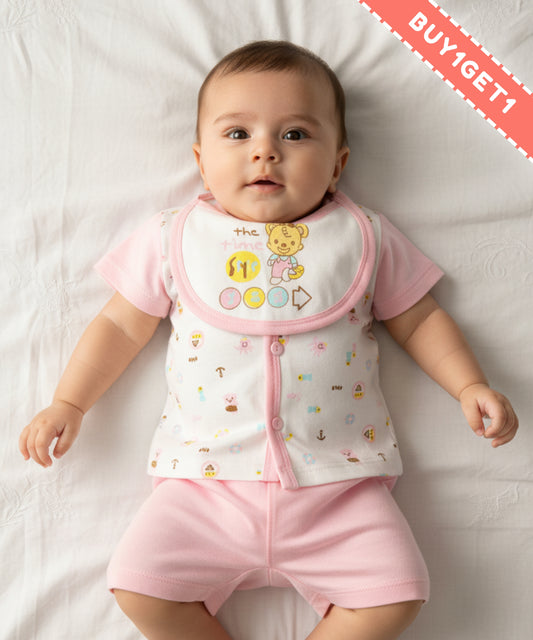 Sea Ship Half Sleeves Front Open T-Shirt & Half Pant Set with Bib | Pink