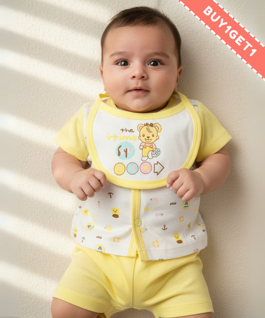 Sea Ship Half Sleeves Front Open T-Shirt & Half Pant Set with Bib | Yellow