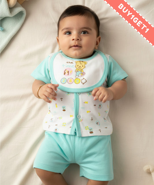 Sea Ship Half Sleeves Front Open T-Shirt & Half Pant Set with Bib | Blue