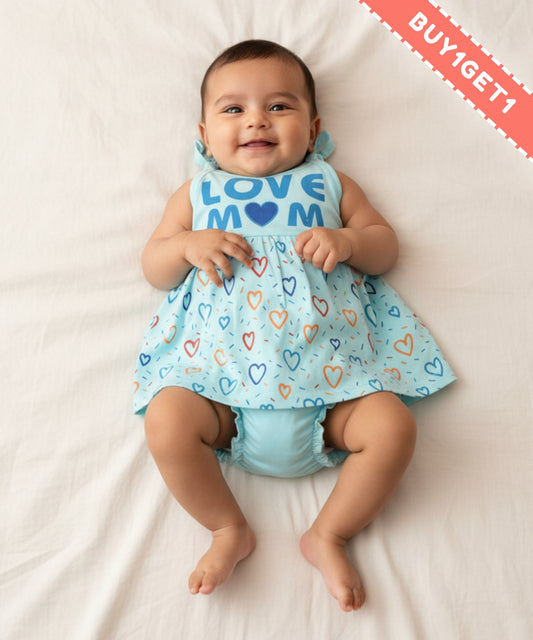 Love Mom Bandhani Straps Frock & Bloomer Pant Set | Blue
