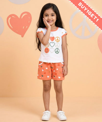 Smiley Heart Short Sleeves Top & Hot Pant Set | Orange