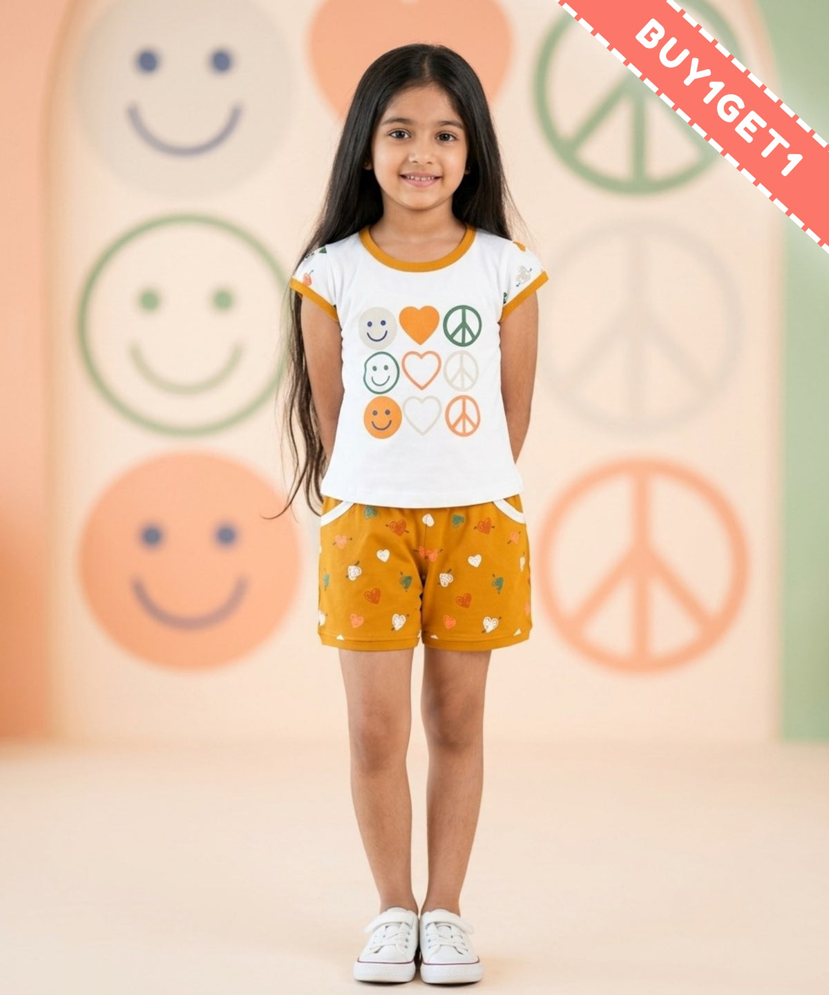 Smiley Heart Short Sleeves Top & Hot Pant Set | Yellow