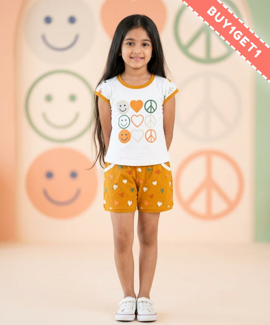 Smiley Heart Short Sleeves Top & Hot Pant Set | Yellow
