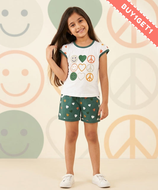 Smiley Heart Short Sleeves Top & Hot Pant Set | Green