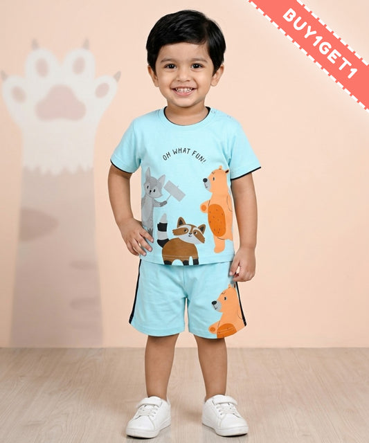 Oh What Fun Half Sleeves Shoulder Open T-Shirt & Half Pant Set | Blue