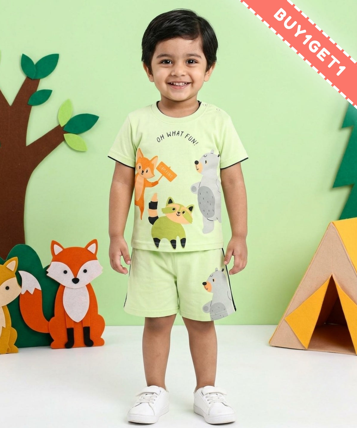 Oh What Fun Half Sleeves Shoulder Open T-Shirt & Half Pant Set | Green