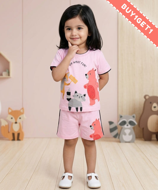 Oh What Fun Half Sleeves Shoulder Open T-Shirt & Half Pant Set | Pink