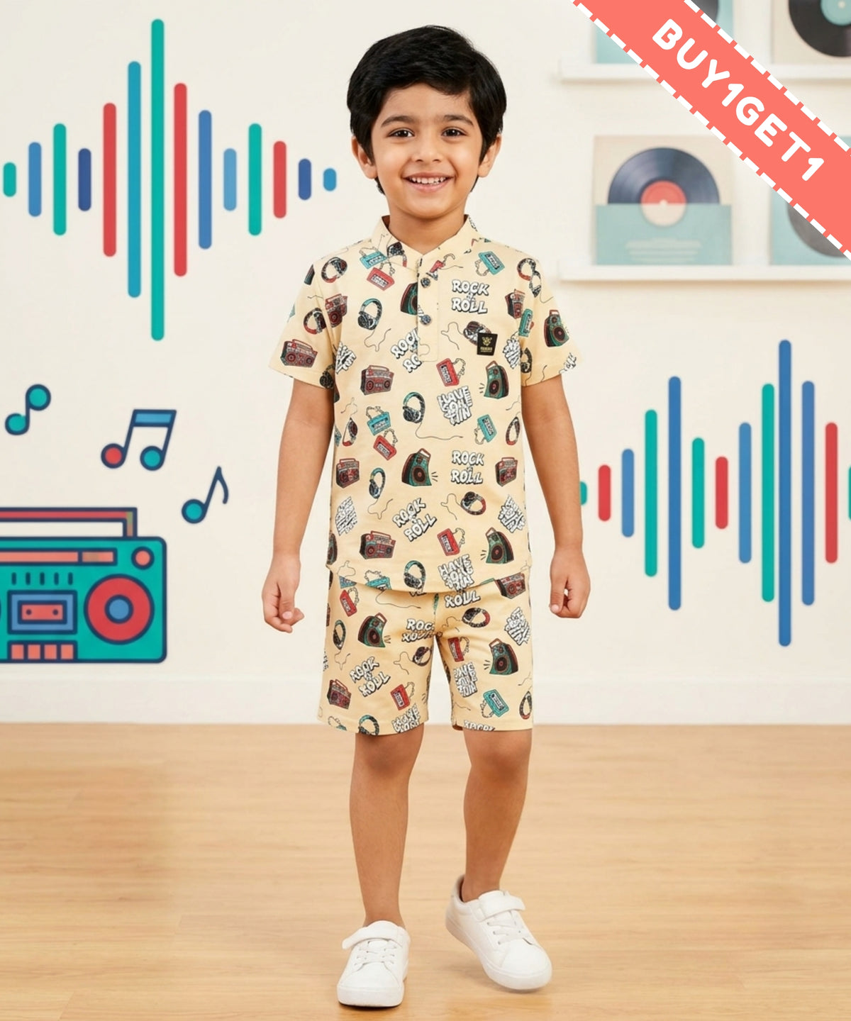 Music Gadgets Half Sleeves T-Shirt & Shorts Set | Beige