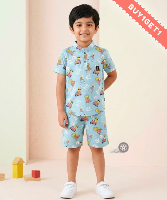 Animal Safari Half Sleeves T-Shirt & Shorts Set | Blue