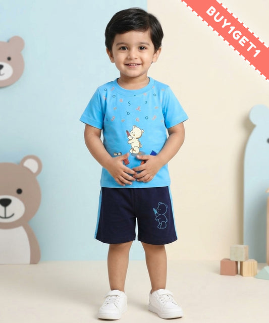 Teddy Alphabet Half Sleeves T-Shirt & Half Pant Set | Blue