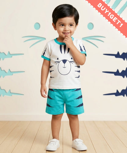 Tiger Claws Half Sleeves T-Shirt & Half Pant Set | Blue