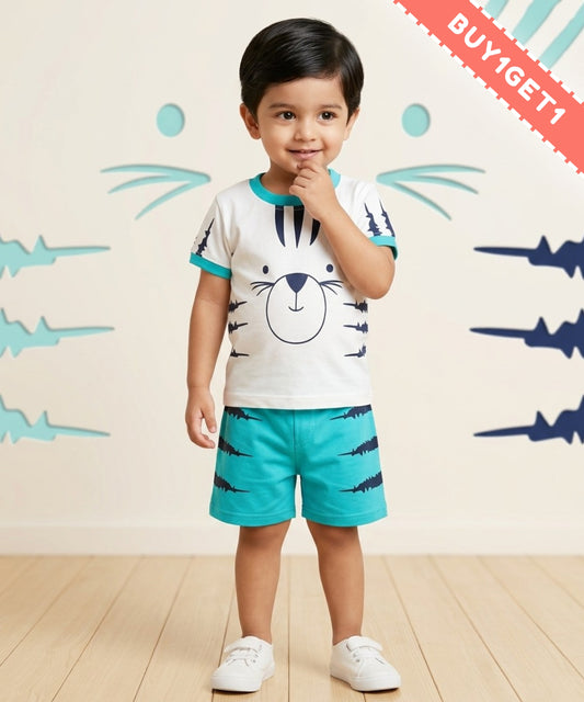 Tiger Claws Half Sleeves T-Shirt & Half Pant Set | Blue