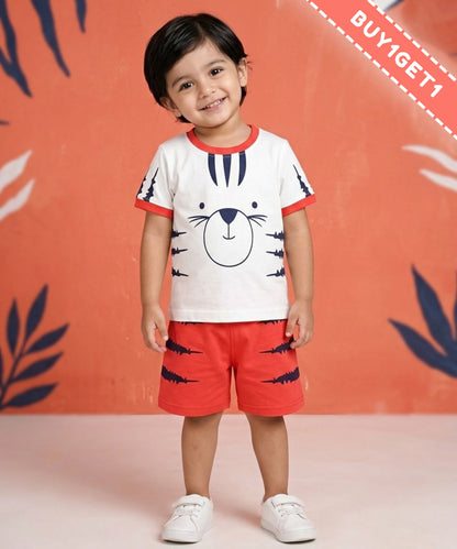 Tiger Claws Half Sleeves T-Shirt & Half Pant Set | Red