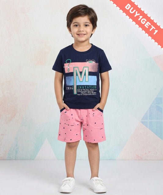 Imagination Half Sleeves T-Shirt & Shorts Set | Pink
