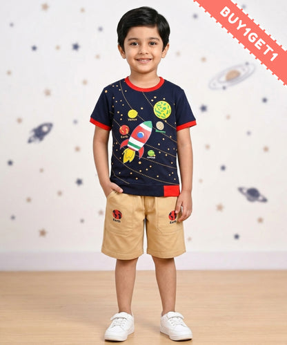 Space Explorer Half Sleeves T-Shirt & Shorts Set | Red
