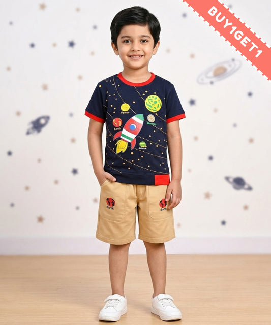 Space Explorer Half Sleeves T-Shirt & Shorts Set | Red