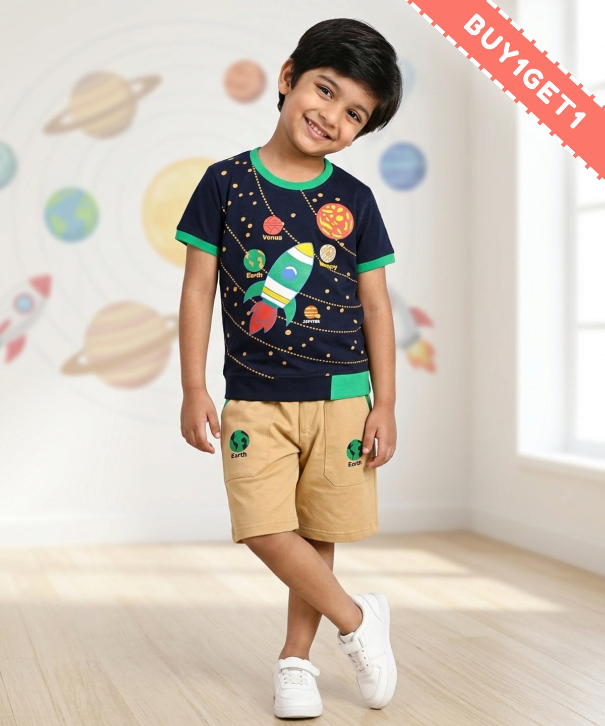 Space Explorer Half Sleeves T-Shirt & Shorts Set | Green