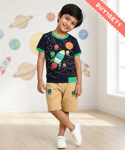 Space Explorer Half Sleeves T-Shirt & Shorts Set | Green