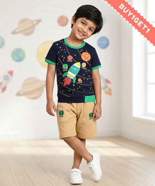 Space Explorer Half Sleeves T-Shirt & Shorts Set | Green