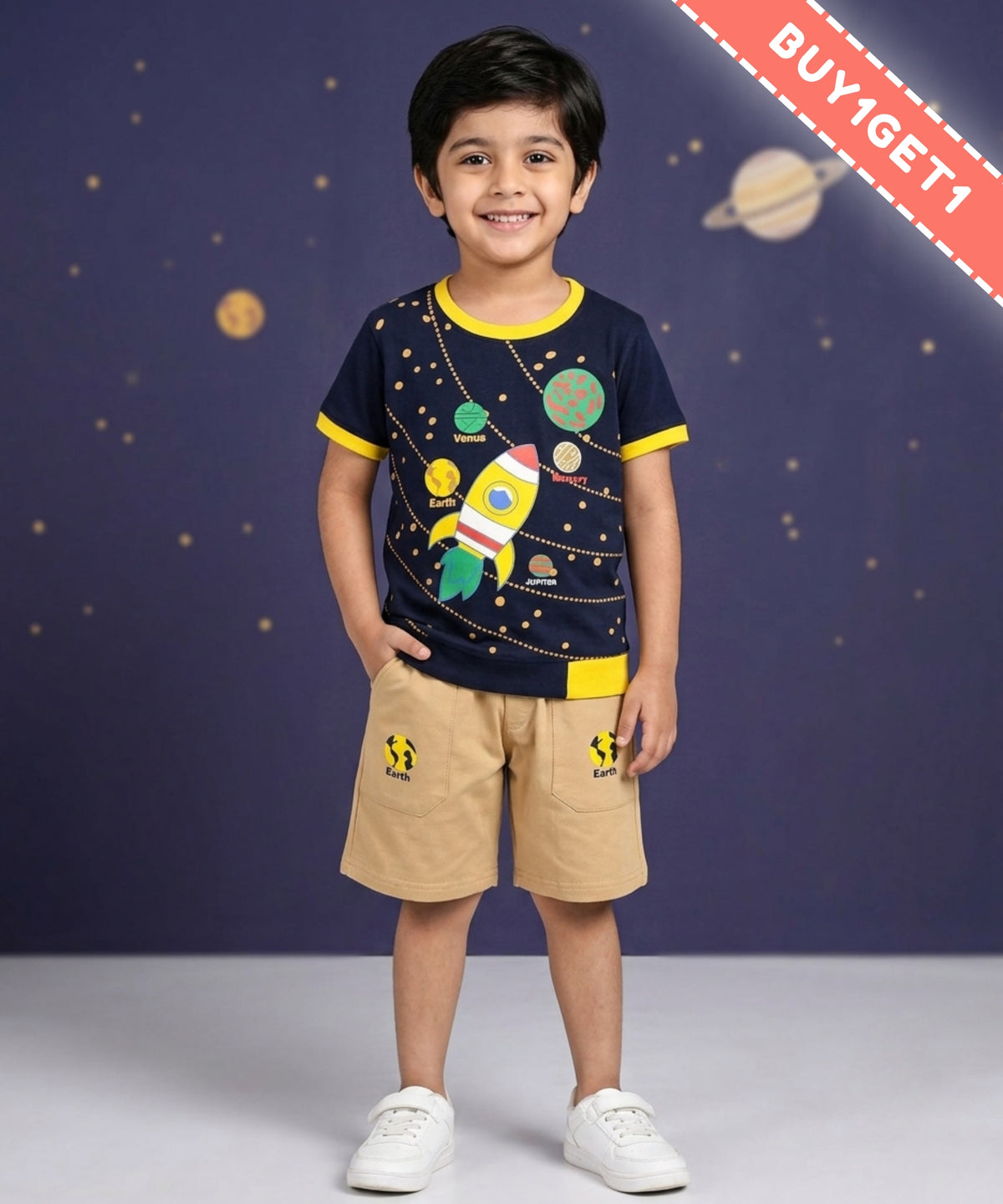 Space Explorer Half Sleeves T-Shirt & Shorts Set | Yellow