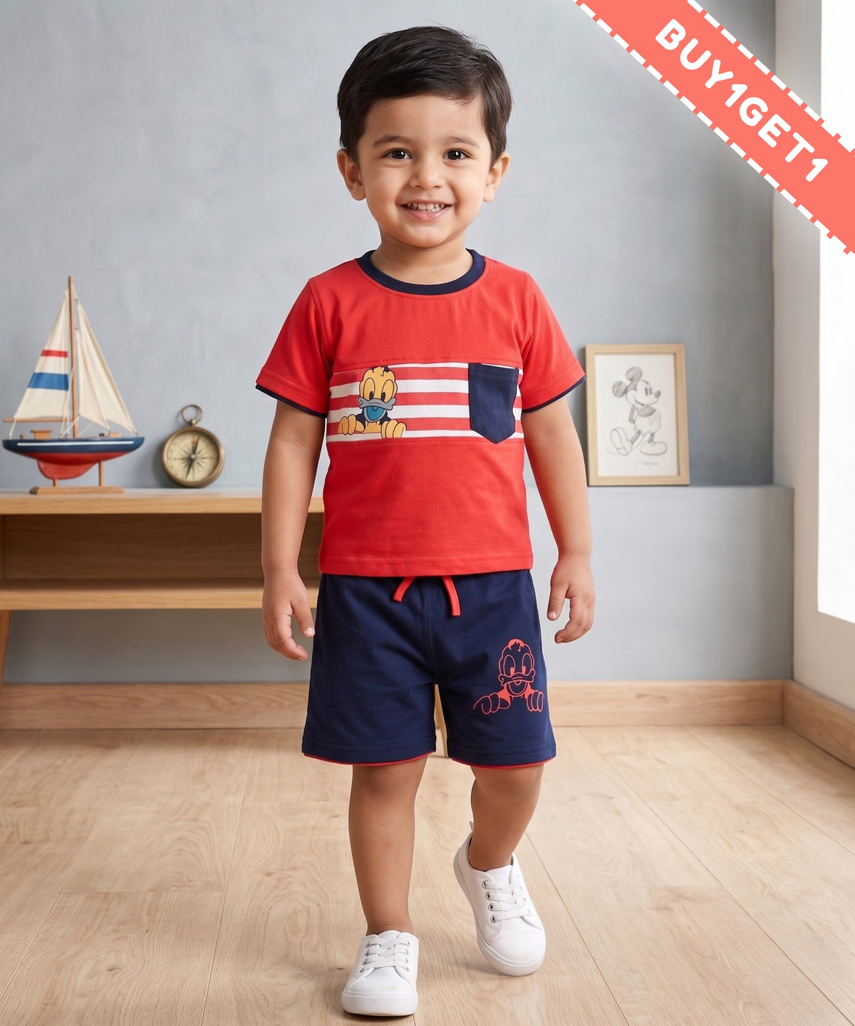 Donald Duck Half Sleeves T-Shirt & Half Pant Set | Red