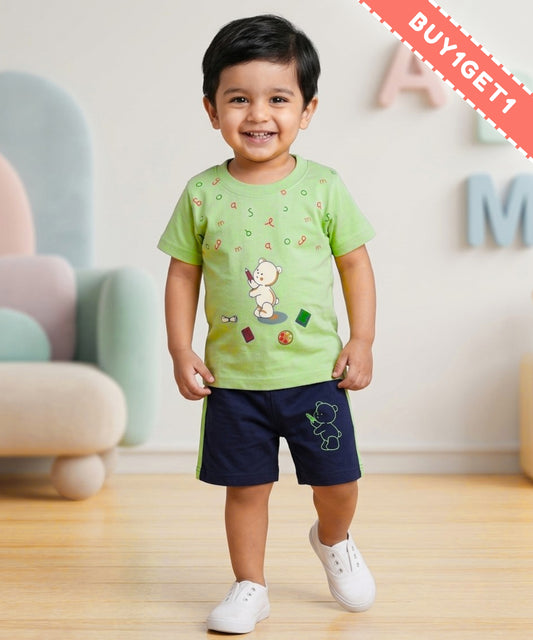 Teddy Alphabet Half Sleeves T-Shirt & Half Pant Set | Green
