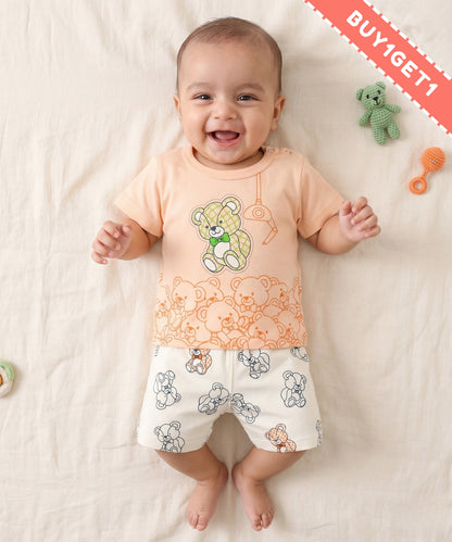 Teddy Bear Half Sleeves Shoulder Open T-Shirt & Half Pant Set | Orange