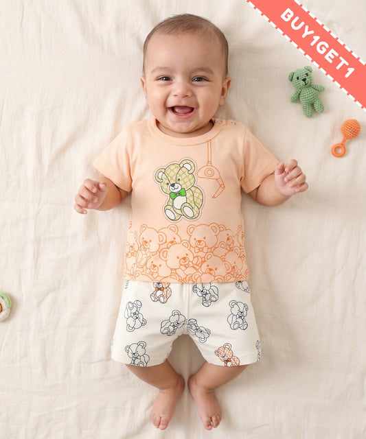 Teddy Bear Half Sleeves Shoulder Open T-Shirt & Half Pant Set | Orange