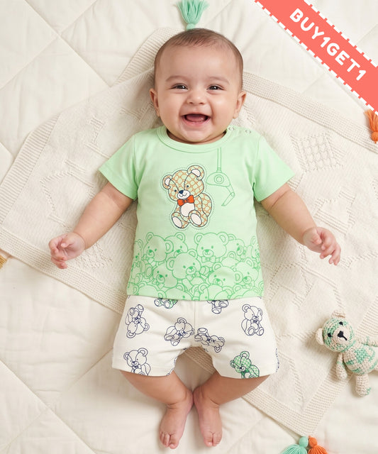 Teddy Bear Half Sleeves Shoulder Open T-Shirt & Half Pant Set | Green
