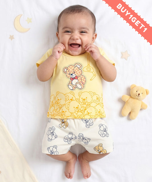 Teddy Bear Half Sleeves Shoulder Open T-Shirt & Half Pant Set | Yellow