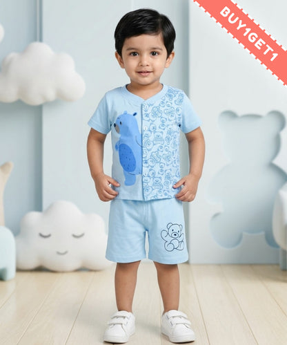 Cute Bear Half Sleeves Front Open T-Shirt & Half Pant Set | Blue