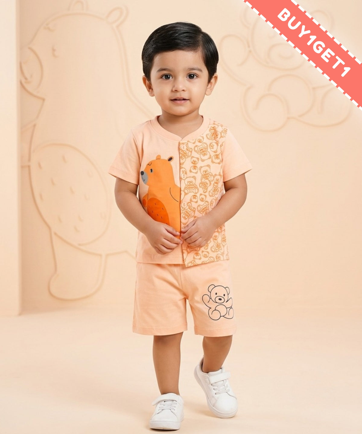 Cute Bear Half Sleeves Front Open T-Shirt & Half Pant Set | Orange