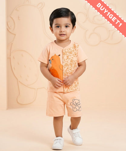 Cute Bear Half Sleeves Front Open T-Shirt & Half Pant Set | Orange