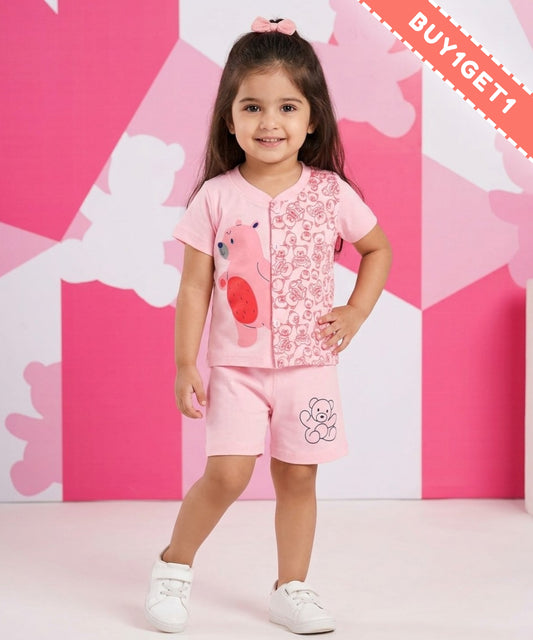 Cute Bear Half Sleeves Front Open T-Shirt & Half Pant Set | Pink