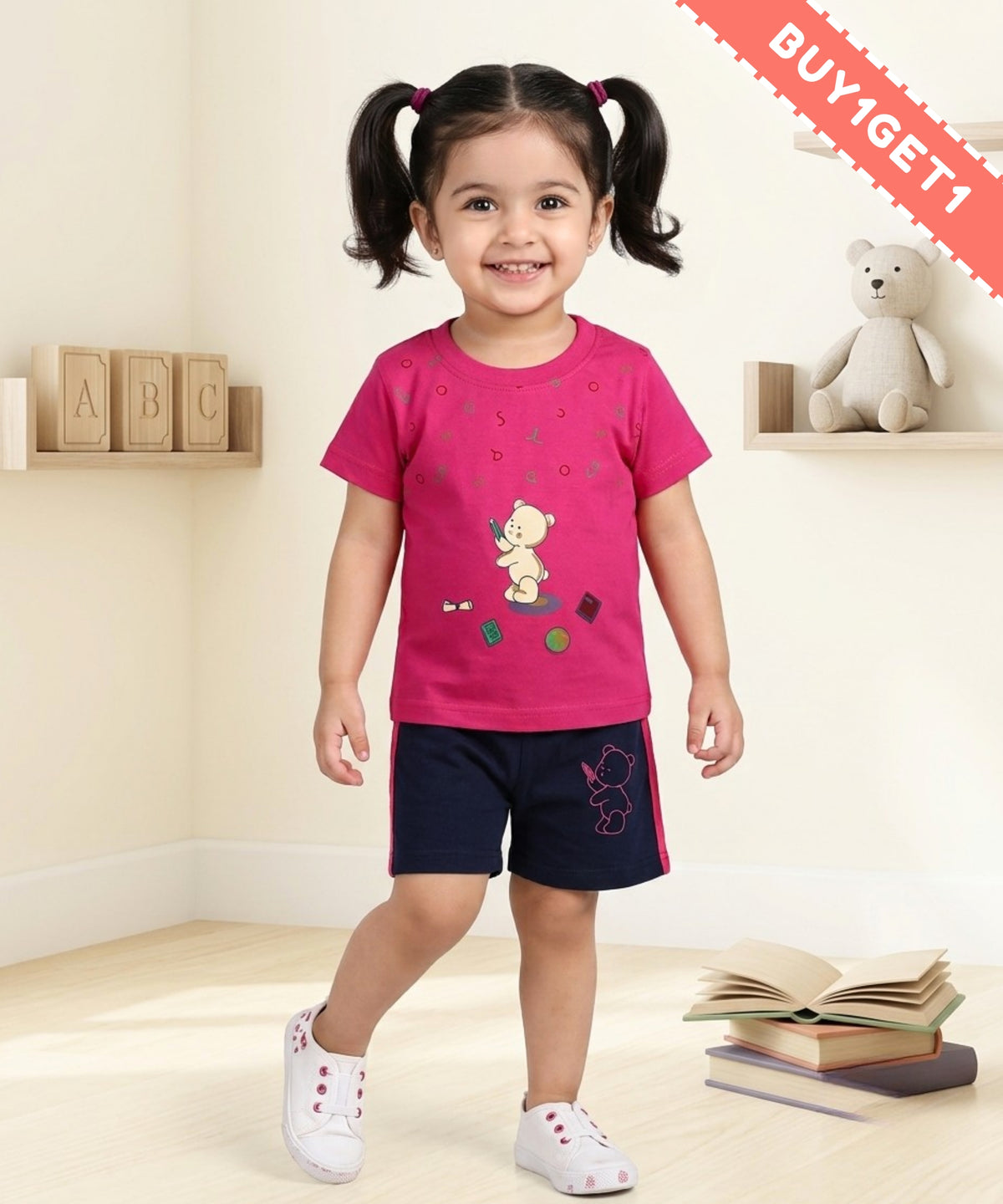 Teddy Alphabet Half Sleeves T-Shirt & Half Pant Set | Pink